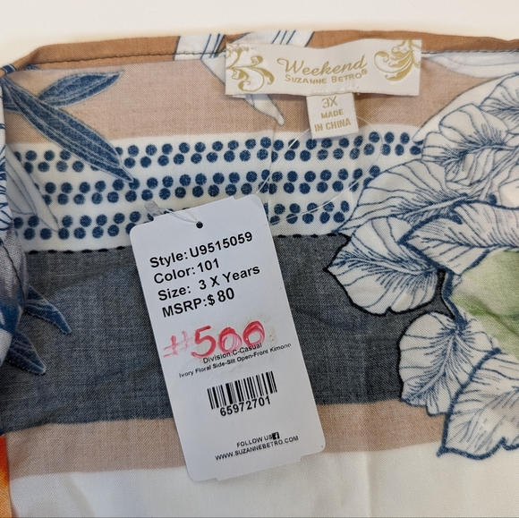 Suzanne Betro "Weekend" Ivory Floral Side Split Open Front Kimono Swim Cover NWT - Picture 7 of 7